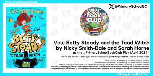 Hello!! We’re thrilled to announce that Betty Steady and the Toad Witch has been included in the #primaryschoolbookclub April vote this evening. YAY! 🙌

Head to @PrimarySchoolBC & vote for us using the pinned tweet. 

Thank you! 🐸

@nickydale 
@FarshoreBooks 
@LucyCourtenay1