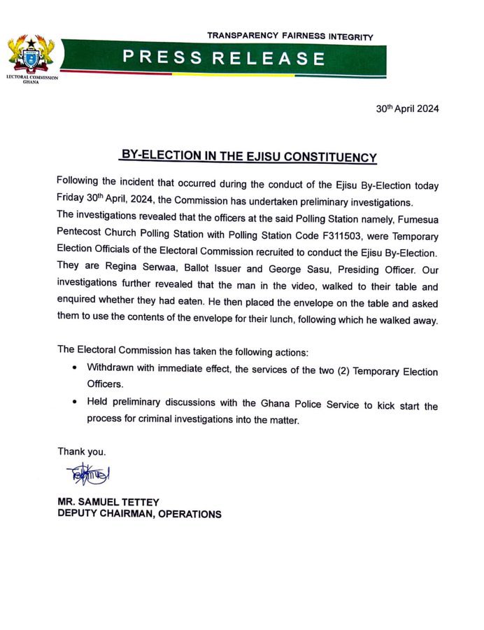 Ejisu by-election: Money given to EC officials by the NPP official was meant for their lunch. - Electoral Commission Ghana #ElectionHQ