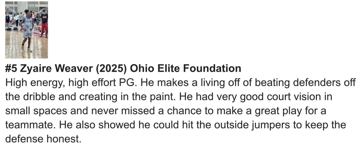 Zy’Aire had a smooth weekend doing everything from rebounding to creating for others to knocking down shots. His court vision was unmatched and was a defensive pest.  Zy definitely found his sweet spots and got downhill creating contact easily. Great start. <a href="/ZyAireWeaver/">Zy’Aire Weaver</a>