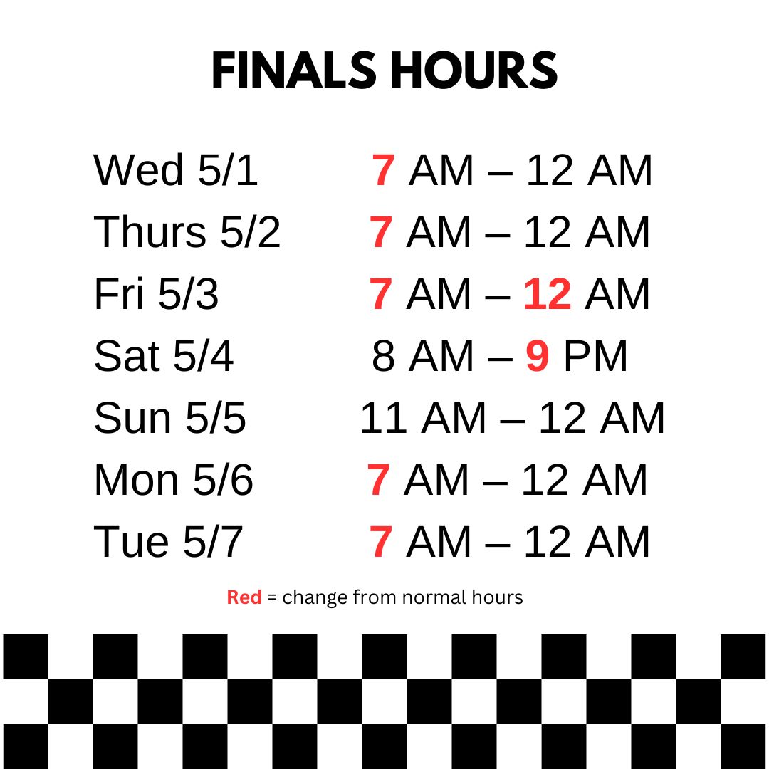 SawLib's tweet image. During finals we are extending our hours.  The changes are indicated in red.  Good Luck Rams! The finish line is in sight!