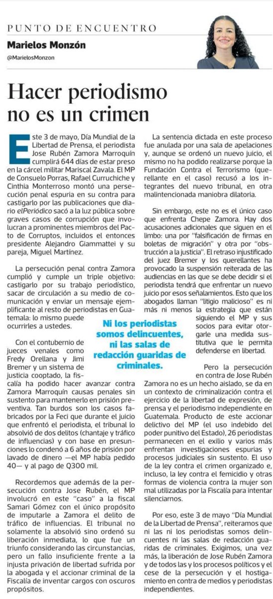 Hacer periodismo no es un crimen: mi papá, el periodista #JoseRubénZamora lleva 641 días secuestrado por órdenes del expresidente @DrGiammattei y su legado de células de corrupción dentro del @OJGuatemala y el @MPguatemala: prensalibre.com/opinion/column… Por @MarielosMonzon #ZamoraLibre