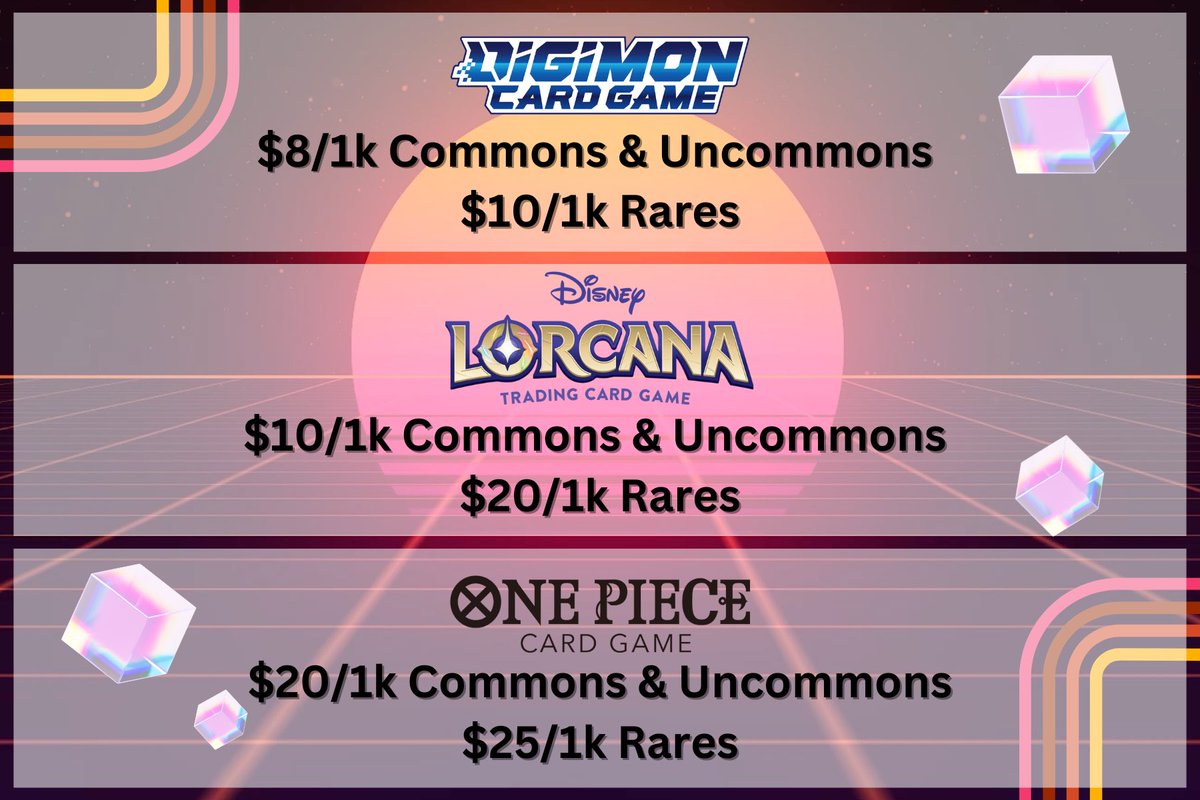 💰 WE BUY YOUR CARDS 💰
📨 DM us for inquiries 📨

✅ Digimon Card Game
✅ Lorcana Trading Card Game
✅ One Piece Card Game
Bulk &amp; $1+ (TCGPlayer low) cards at 65%

✅ Magic, Pokemon, Yu-Gi-Oh!
$1+ (TCGPlayer low) cards at 65%

CURRENT BULK RATES: