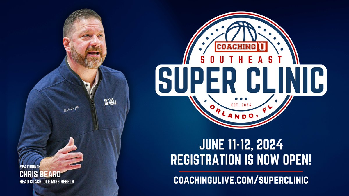 🏀 Coaching U returns to Orlando this summer for the 1st ever Southeast Super Clinic featuring Ole Miss head coach Chris Beard! 🗓️ June 11-12, 2024 📍 Orlando, FL 🎟️ Registration is now open: 🔗 coachingulive.com/superclinic