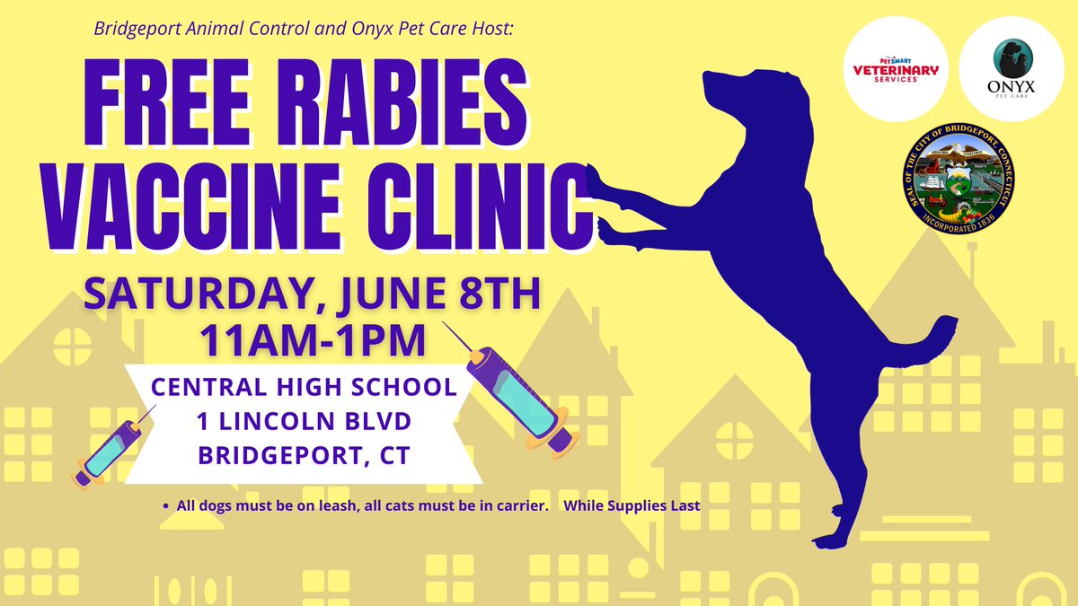 Bridgeport Animal Control is hosting a FREE rabies vaccine clinic. Stop by Central High School on June 8th from 11 am to 1 pm for a free vaccine! Vaccines are available while supplies last.