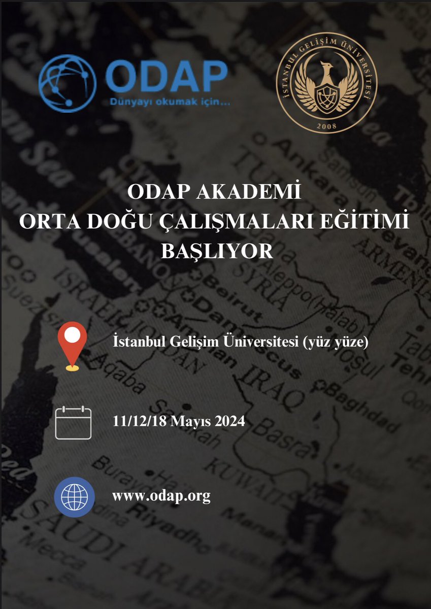 ODAP Akademi Orta Doğu Çalışmaları Eğitimi başlıyor! 11-12 ve 18 Mayıs 2024 tarihlerinde İstanbul Gelişim Üniversitesi ev sahipliğinde gerçekleştireceğimiz yüz yüze etkinliğimiz ile ilgili detaylara kısa bir süre içerisinde web sitemiz üzerinden erişebilirsiniz.
