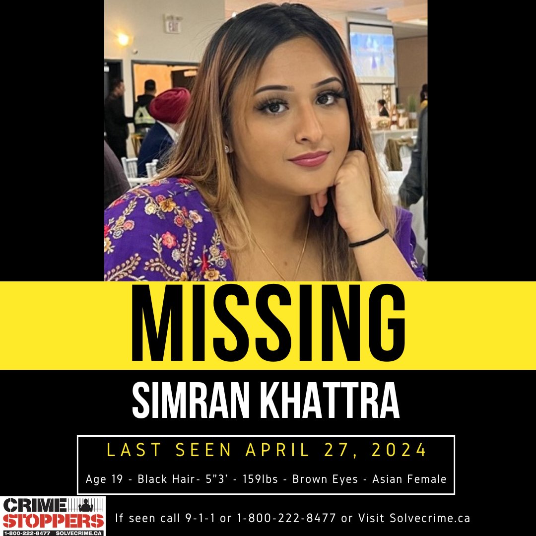 SolveCrime's tweet image. Have you seen Simran? Call 1-800-222-8477

Last seen: 6:30pm, April 27, 13300-blk of 88 Ave in Surrey

Media: bc-cb.rcmp-grc.gc.ca/ViewPage.actio…

Call Surrey RCMP 604-599-0502

To remain anonymous, Crime Stoppers 1-800-222-8477 or solvecrime.ca, or download the "P3 Tips" app.