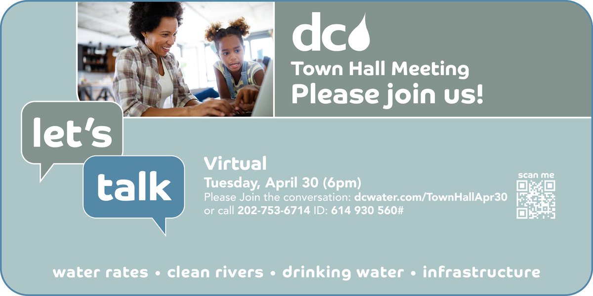 REMINDER: We are hosting a virtual Town Hall tonight! Join online at 6pm to let your voice be heard. We will be discussing proposed rates for next year, assistance programs, and where your $’s are going. Join details below: Dcwater.com/townhallapr30