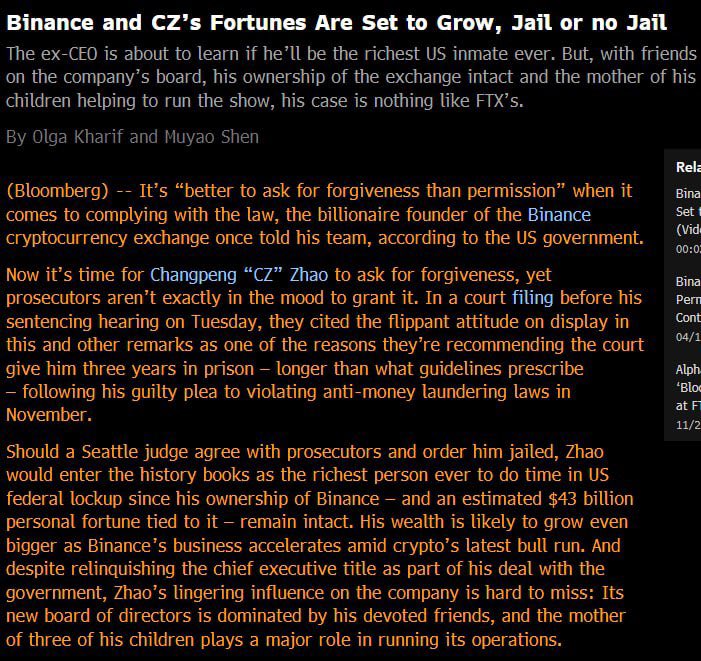intangiblecoins's tweet image. CZ will be the wealthiest person ever to serve time in US federal prison per @business