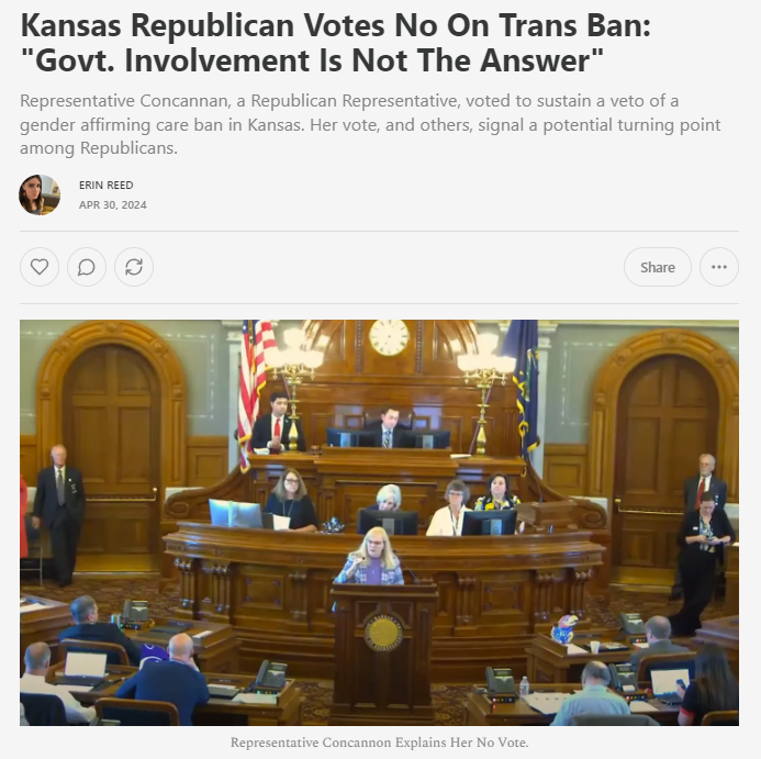 1. Last night, a Kansas Republican, Represetnative Susan Concannon, voted against a transgender ban in the state, upholding the governor's veto.

Her message was simple: 'Government involvement is not the answer.'

She was joined by others.

Subscribe to support my journalism.