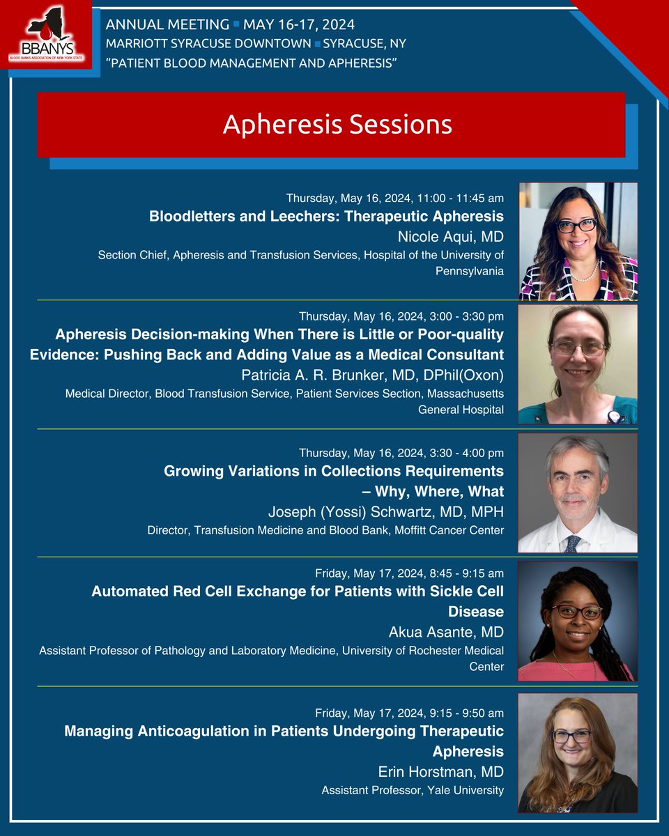 We're just over 2 weeks away from #BBANYS2024! We have an amazing lineup of PBM &amp; Apheresis sessions, led by Keynote Speaker Dr. Carolyn Burns. Enjoy these talks &amp; more, including our exhibit hall, posters, awards &amp; networking! Early registration ends 5/9: bbanys.org/annual-meeting