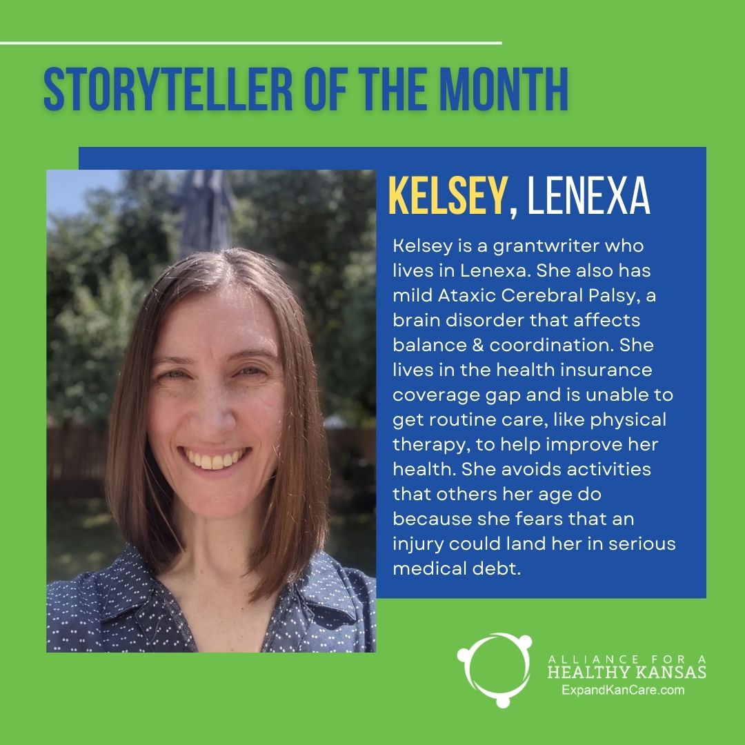 Kelsey from Lenexa lives with Ataxic Cerebral Palsy while also falling into the coverage gap. Routine health care - which she struggles to access while uninsured - would help her live more confidently. Read more of her story: tinyurl.com/23wyazms #ExpandKanCare #ksleg