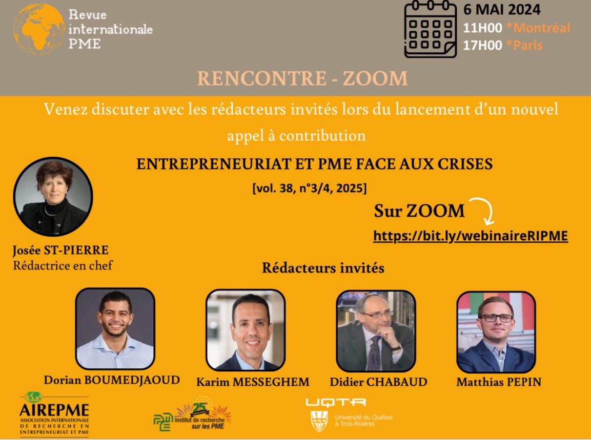 Venez rencontrer les rédacteurs invités du numéro thématique de la RIPME sur le thème : « Entrepreneuriat et PME face aux crises ». 

bit.ly/webinaireRIPME

<a href="/airepme/">AIREPME</a> <a href="/Inrpme/">InRPME</a>