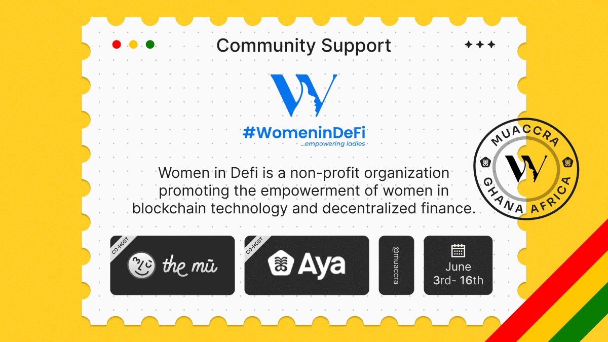 ❥ Thrilled to welcome @women_in_defi as a community partner for #muAccra🦁. Dedicated to empowering women, they’ve hosted 7 DeFi cohorts, and nurtured a community of over 3000+ African women! Join us for a more diverse and feminine tech world.👸 tally.so/r/w7WoG9