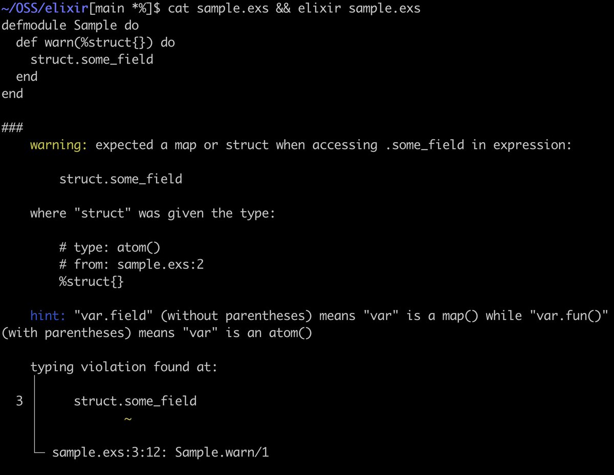 josevalim's tweet image. Elixir v1.17 performs type inference of structs/maps fields with type checking of field and function access, bringing users meaningful warnings without changes to code!

For example, if you try to invoke an unknown field on a struct, the compiler will now let you know. See below: