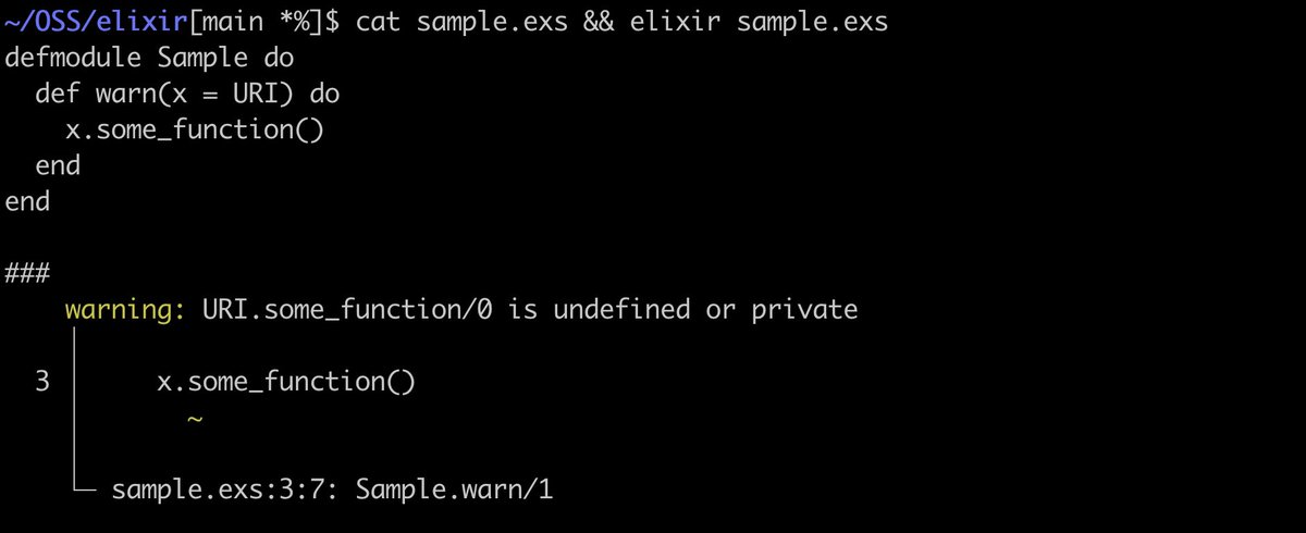 josevalim's tweet image. Elixir v1.17 performs type inference of structs/maps fields with type checking of field and function access, bringing users meaningful warnings without changes to code!

For example, if you try to invoke an unknown field on a struct, the compiler will now let you know. See below: