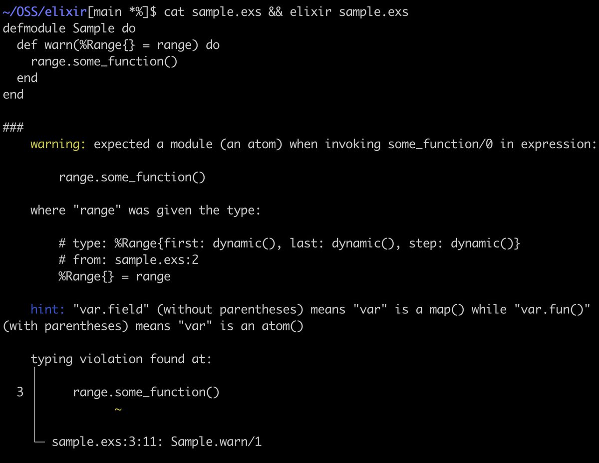 josevalim's tweet image. Elixir v1.17 performs type inference of structs/maps fields with type checking of field and function access, bringing users meaningful warnings without changes to code!

For example, if you try to invoke an unknown field on a struct, the compiler will now let you know. See below: