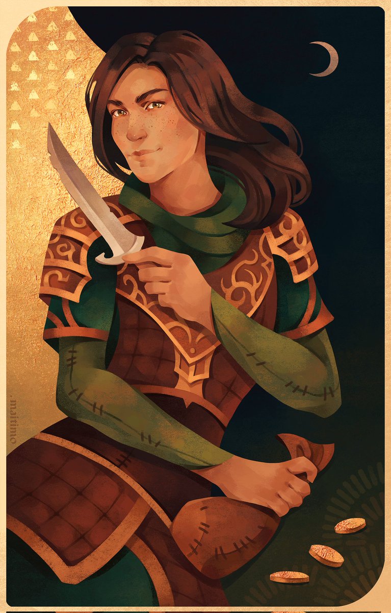 I commissioned @point_maitimo to paint a tarot card of everyone's favorite Guildmaster and it turned out incredible, so happy to have more Nine-Fingers Keene art 😍 #ninefingerskeene #bg3 #bg3art #BaldursGate3