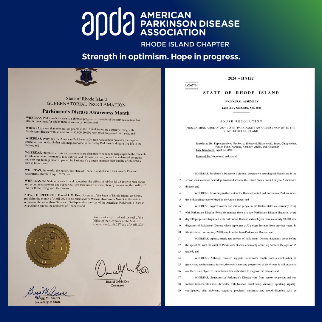 We would like to take moment to express our gratitude to Governor Dan McKee, as well as our lawmakers at the RI State House, who once again this year proclaimed & resolved April to be Parkinson's Awareness Month. 

#ParkinsonsAwarenessMonth #Optimism  #LivingBetterTogether