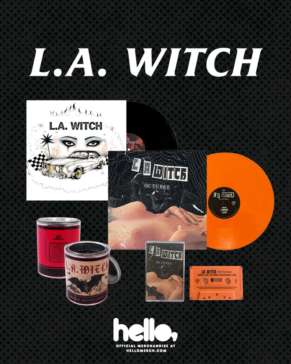 New goodies from @LA_WITCH are available now! 🔥 L.A. Witch Scented Candle 🕯️ L.A. Witch 12” Black Vinyl 🎶 Octubre 12” Halloween Orange Vinyl🎵 Octubre Orange Cassette 🎧 hellomerch.com/collections/l-…