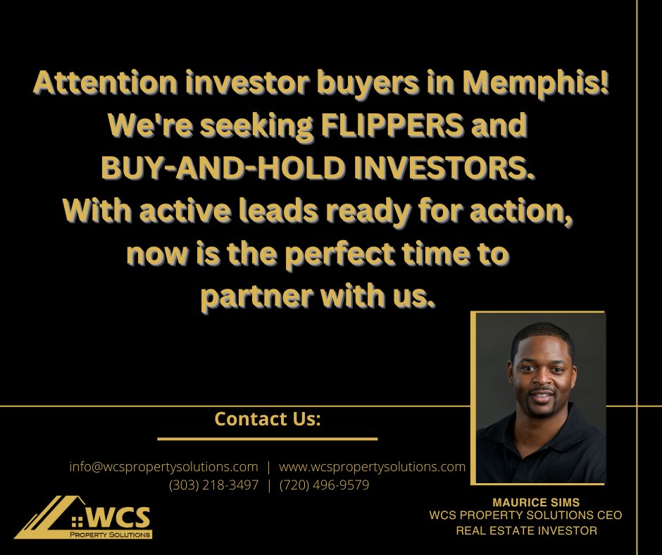 Let's maximize your investment potential together! 
Send us a DM or email us at info@wcspropertysolutions.com
Maurice Sims
303) 218-3497
#WCSPropertySolutions #MauriceSims #InvestorBuyers #HomeFlippers #BuyandHold #Investment #HomeforRent #HomeforSale #NewListing #MemphisTN