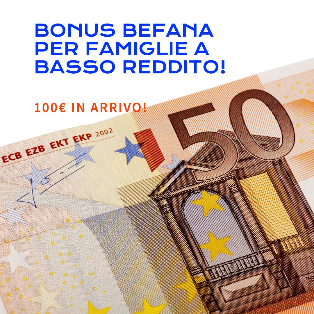 🎁Bonus Befana da 100€ in arrivo! 

🇮🇹 Non sarà un Bonus di Natale, ma la Befana porterà comunque un regalo gradito a molte famiglie italiane! 

👪A chi spetta? 

💸Famiglie monoreddito o monogenitoriali con un reddito da lavoro dipendente complessivo fino a 28.000€