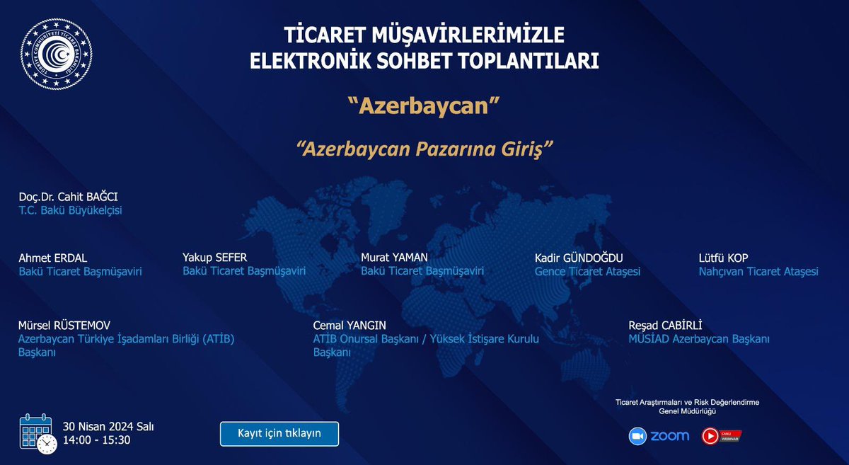 Ticaret Müşavirliğimiz koordinasyonunda her sene mutat olarak düzenlenen Ticaret Müşavirlerimizle Elektronik Sohbet Toplantılarını bu yıl “Azerbaycan Pazarına Giriş” temasıyla 300’ü aşkın Türk ve Azerbaycanlı iş insanının katılımıyla çevrimiçi olarak gerçekleştirdik.…