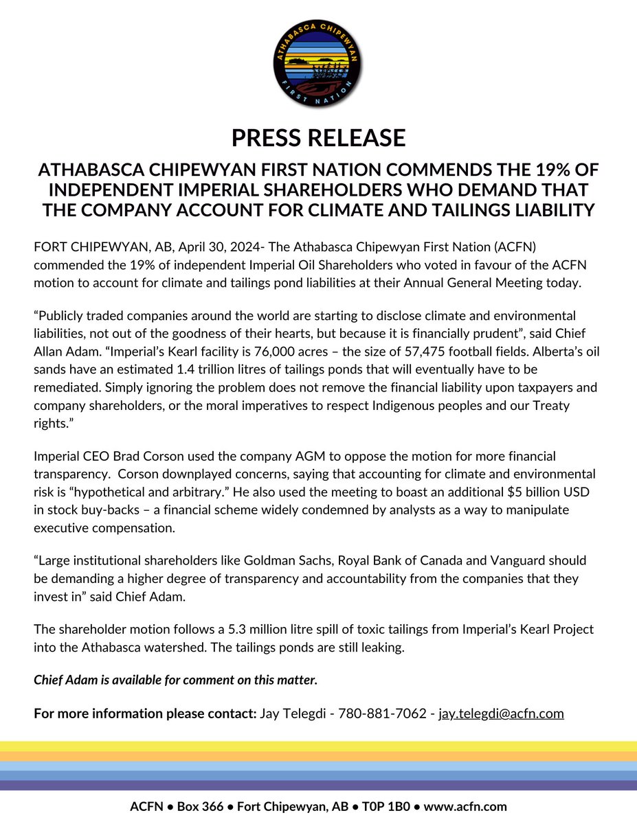 PRESS RELEASE - The Athabasca Chipewyan First Nation (ACFN) commends the 19% of independent Imperial Oil Shareholders who voted in favour of the ACFN motion to account for climate and tailings pond liabilities at their AGM today #Kearl #cdpoli