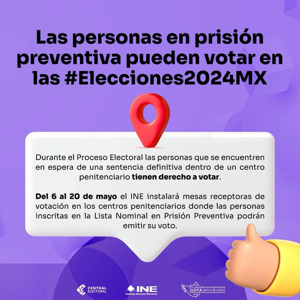 🙋🏼‍♂️🙋🏻‍♀️ En las #Elecciones2024MX, las personas en #PrisiónPreventiva incluidas en la Lista Nominal que se encuentren en espera de una sentencia definitiva, podrán emitir su voto del 6 al 20 de mayo 🗓️ Conoce más en: ine.mx