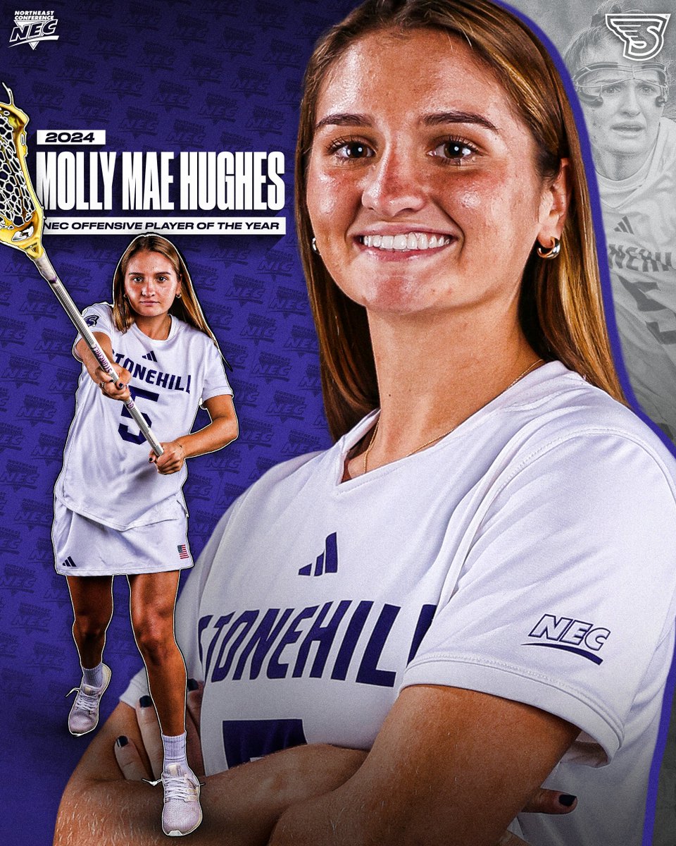 2️⃣0️⃣2️⃣4️⃣ @necwlax Offensive Player of the Year ⤵️ ➡️ Molly Mae Hughes, @GoStonehill 📒 The catalyst of Stonehill's high-powered offense paces the team and is #NECWLAX's leader in goals (55) and points (83). She is the Skyhawks' first-ever #OPOTY honoree. #NECelite📜