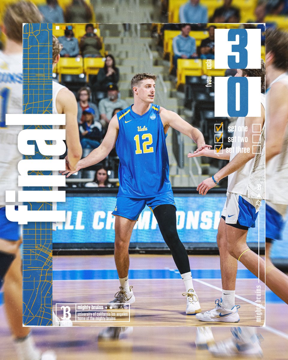 #1-seed UCLA def. #8-Fort Valley State 3-0 (25-14, 25-15, 25-15) in the opening #NCAAMVB Quarterfinal match at Walter Pyramid. #GoBruins #vbscores