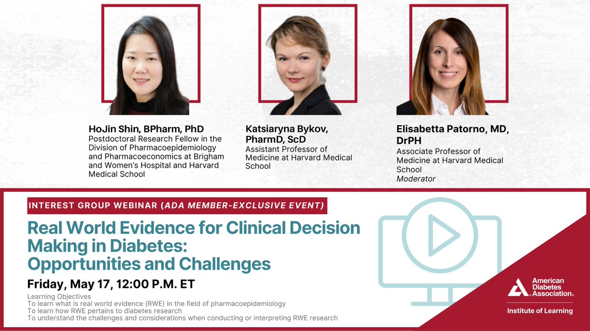 Don't miss out on this opportunity to delve into the world of Real-World Evidence (RWE) & its impact on diabetes medication research! @EliPatorno, Dr. Hojin Shin & Dr. Katsiaryna Bykov shed light on the nuances of RWE studies. 5/17, 12p.m. ET: bit.ly/3UvH7rb