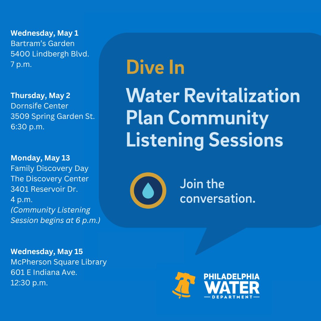 Join the conversation as we look at our 25-year Water Revitalization Plan. During Community Listening Sessions, we’ll explain how we plan to strengthen the City’s drinking water infrastructure by making city-wide improvements that will benefit neighborhoods in the future.