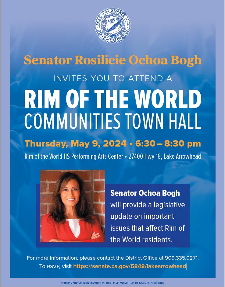 Join me at the Rim of the World Communities town hall meeting 5/9 at Rim of the World HS Performing Arts Center to share your thoughts on improving the community. My town halls are family-friendly events. RSVP: tinyurl.com/LakeArrowheadT…. More info: (909) 335-0271