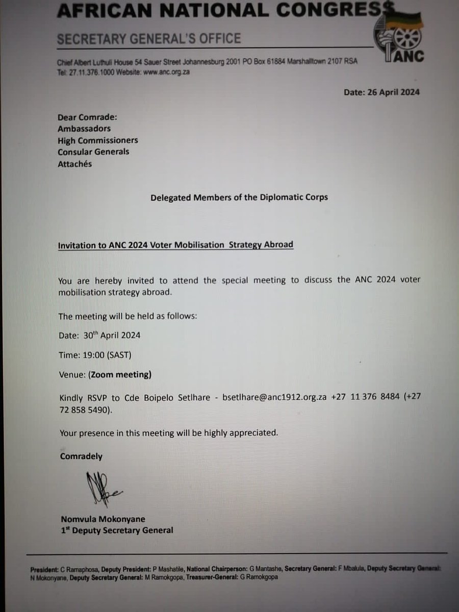 The ANC have tonight (30 April 2024), summoned civil servants of the South African Foreign Service to a party-political meeting, to instruct these officials to assist with the ANC’s “voter mobilization strategy” abroad. @DIRCO_ZA @IECSouthAfrica 1/4