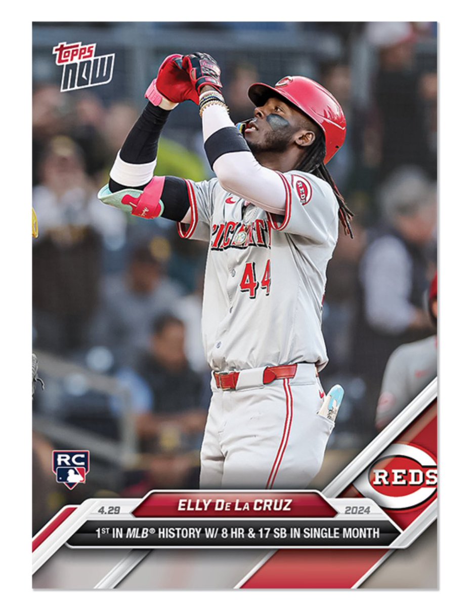 Elly De La Cruz - Topps Now 1st player to have 8 HR & 17 SB in a month! #ad Look for numbered parallel cards or rainbow foil photo variation shortprints inserted in randomly selected orders! sovrn.co/16vzvd1