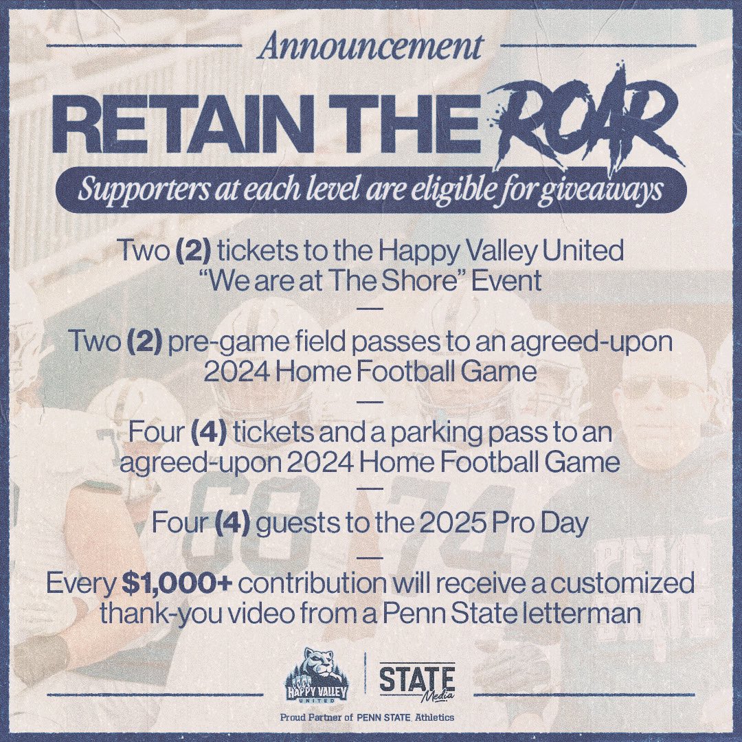 Our Retain The Roar Campaign is about 25% Complete towards our $500,000 Goal ‼️ There is still work to be done 🤝 Remember Nittany Nation, Your Donation Makes You Eligible for Multiple Exclusive Giveaways 👀 Donate Today for YOUR CHANCE TO WIN 🎉 👉 givebutter.com/retaintheroar