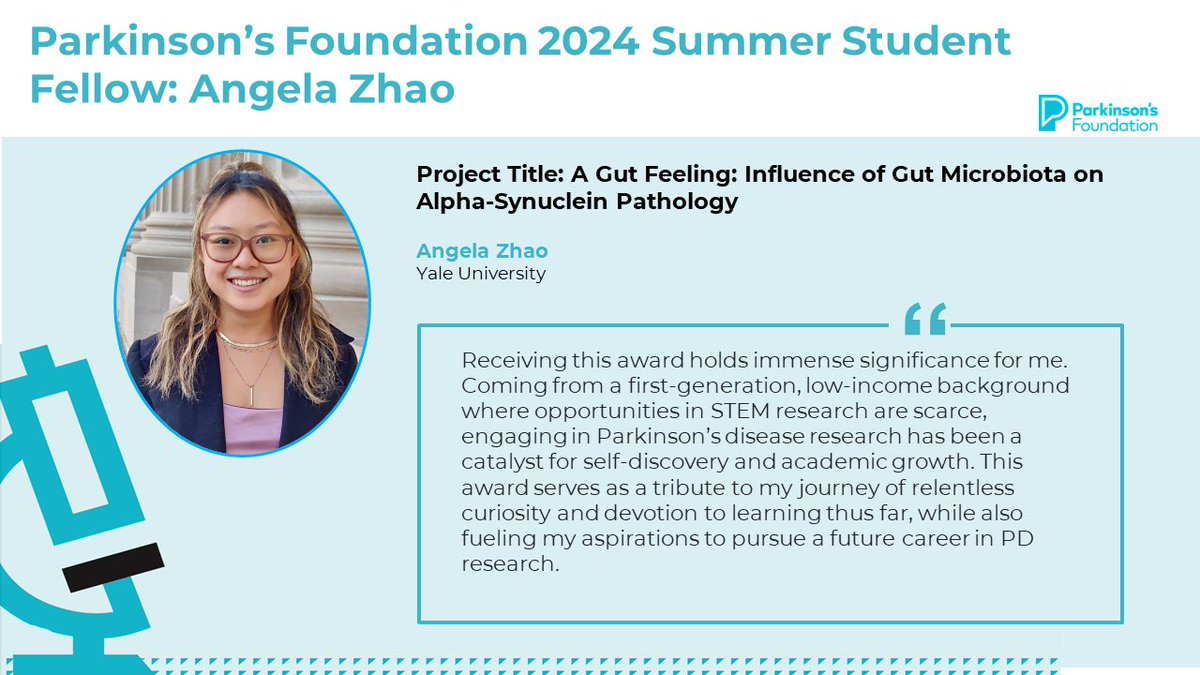 Parkinson's Foundation Research (@pfresearchteam) on Twitter photo π’ Congratulations to 2024 Summer Student Fellow <a href="/angelazhaooo/">Angela Zhao</a> whose project focuses on the influence of gut microbiota on alpha-synuclein pathology in #Parkinsons disease.
<a href="/Yale/">Yale University</a>
<a href="/ParkinsonDotOrg/">Parkinson's Foundation</a> π’ Congratulations to 2024 Summer Student Fellow <a href="/angelazhaooo/">Angela Zhao</a> whose project focuses on the influence of gut microbiota on alpha-synuclein pathology in #Parkinsons disease.
<a href="/Yale/">Yale University</a>
<a href="/ParkinsonDotOrg/">Parkinson's Foundation</a>