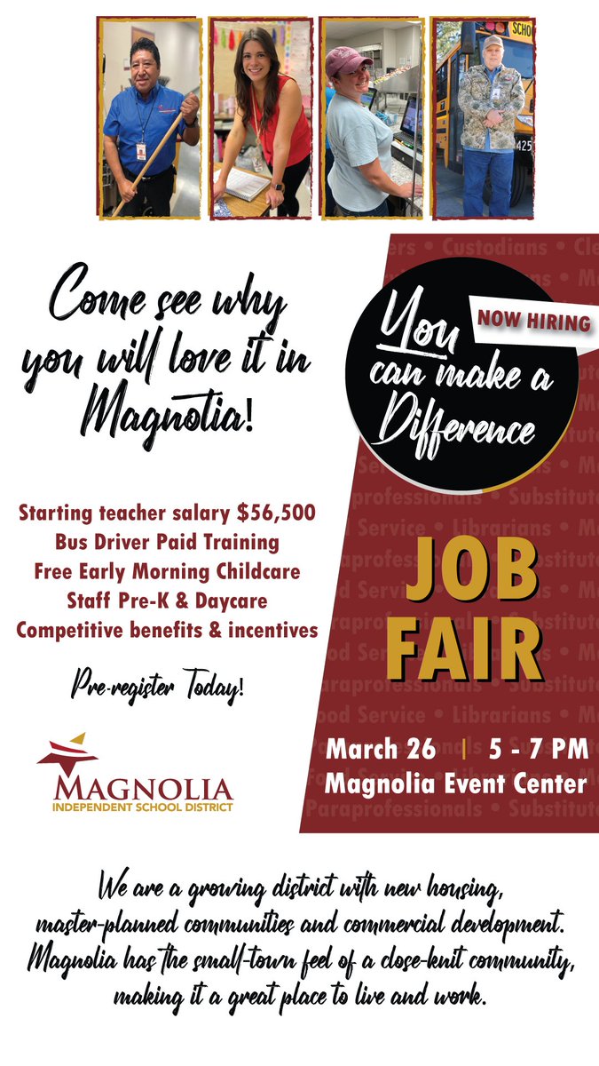 Make a difference today! Want to work closer to home? Need a flexible schedule? Apply today to make a difference in Magnolia ISD! magnoliaisd.org/careers