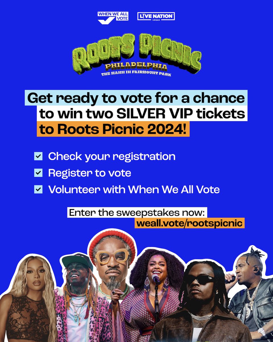 Do you want to see the FIRE @RootsPicnic 2024 lineup perform live? 🔥 Register to vote📝, check your registration ✅, or volunteer with us 🗳️ for a chance to win TWO SILVER VIP tickets 🎫 to the Picnic in June. Enter the sweepstakes NOW at weall.vote/rootspicnic!
