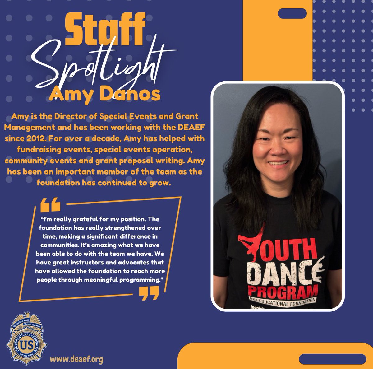 We are fortunate to have Amy on our team! Her organizational skills, attention to detail, and commitment to our youth make her a huge asset in our goal of reaching youth and communities with important drug prevention education!