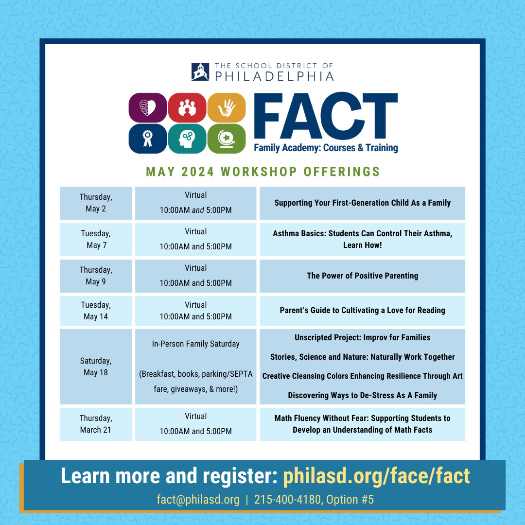 As the school year winds down, FACT has still got you covered with captivating virtual and in-person workshops the whole family can enjoy! Explore FACT's workshop offerings and reserve your spot now at philasd.org/face/fact
