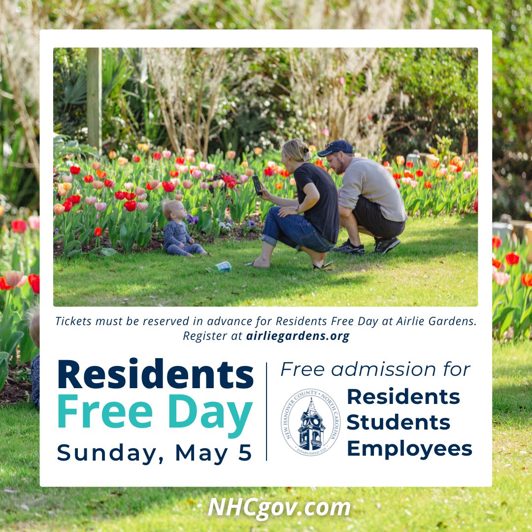 #ExploreNHC on Sunday, May 5 during Residents Free Day at @AirlieGardens 🌸 Admission is free this Sunday for all NHC residents, employees and students. 🎟️ Advance registration is required. Visit airliegardens.org to register.