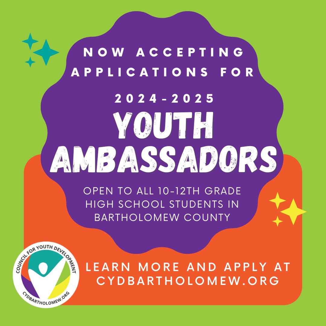 Are you an upcoming 10th - 12th grade student in Bartholomew County? Do you think you have what it takes to be a CYD Youth Ambassador? Visit cydbartholomew.org to learn more about the program and apply now - May 3rd. #positiveyouthdevelopment #youthambassadors