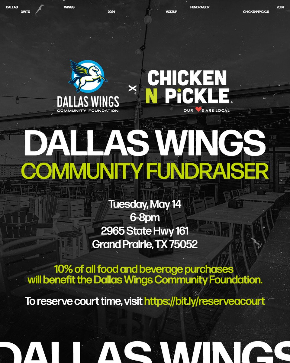 Pickleball, Prizes, Fun, and Fundraising! Join us at Chicken N Pickle on May 14th to help raise funds for the Dallas Wings Community Foundation ahead of highly anticipated successful season! Want to play? Reserve a court time: bit.ly/reserveacourt