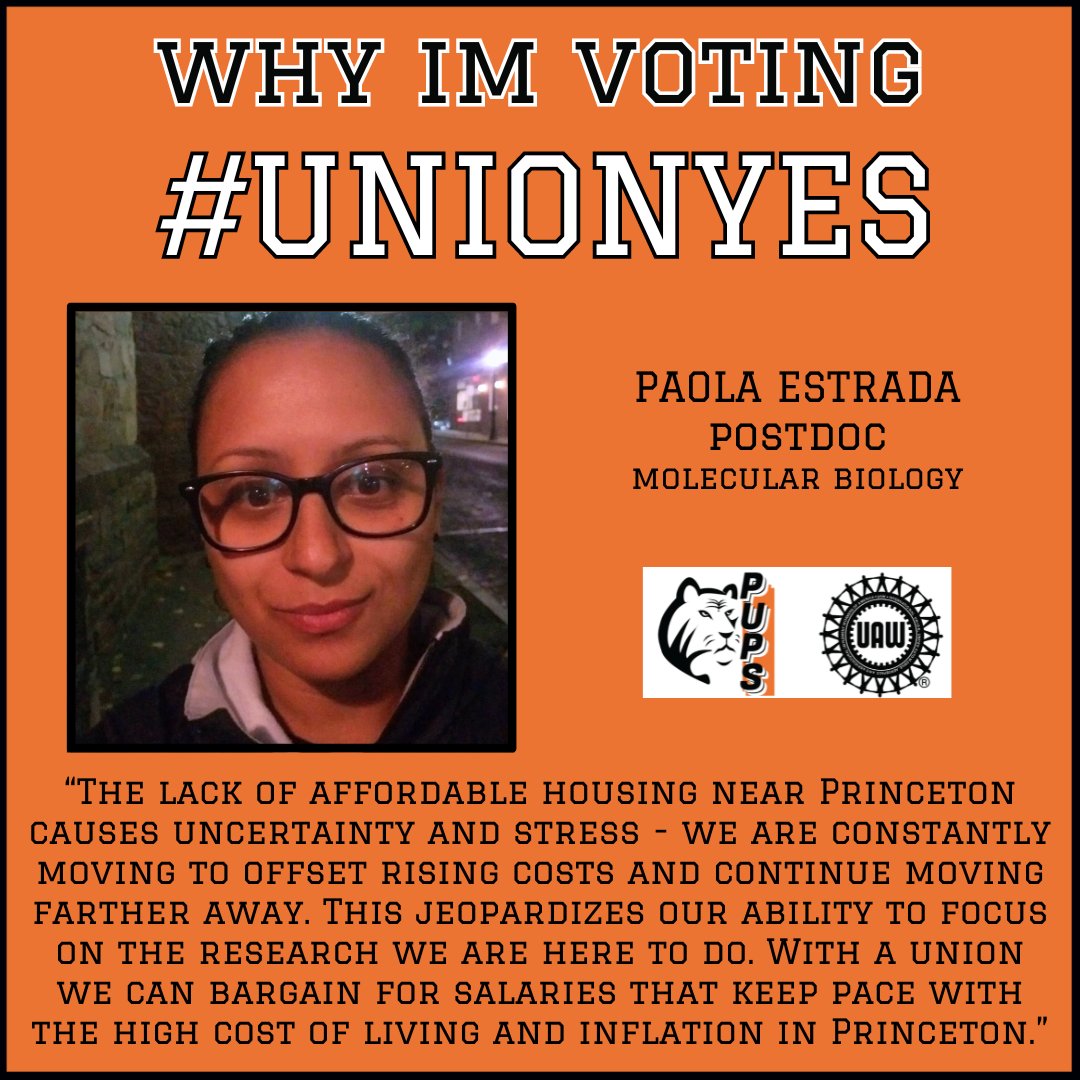 Princeton #postdoc Paola Estrada on why she's voting yes: the housing insecurity we're facing means we have less time to focus on our work. #UnionYes