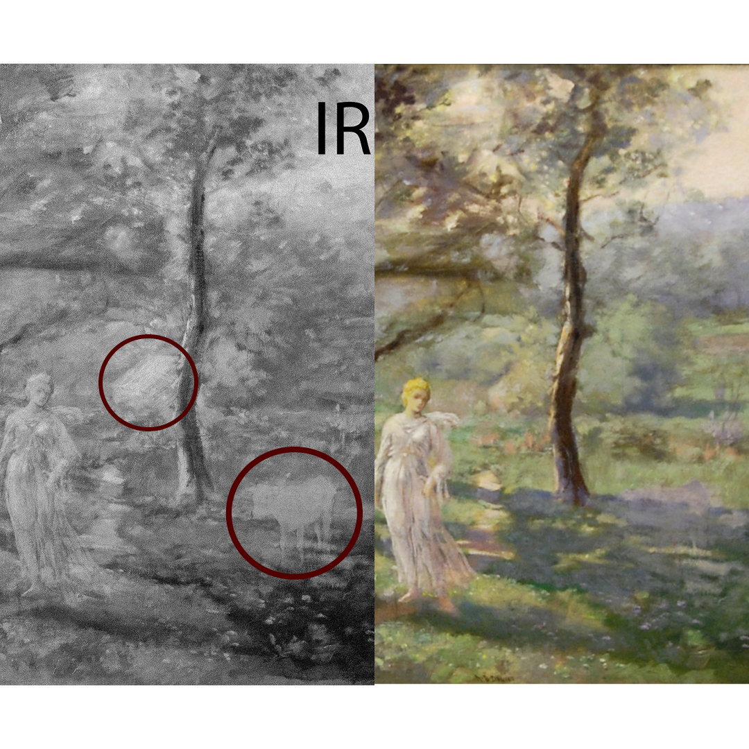 The Missing Cow and Bench⁣
⁣
Infra-red photography reveals this painting originally had a cow and a bench that were painted over. See other examples of hidden objects in the Forsyth Galleries "What Lies Beneath" through June 9, 2024. TX.AG/Beneath