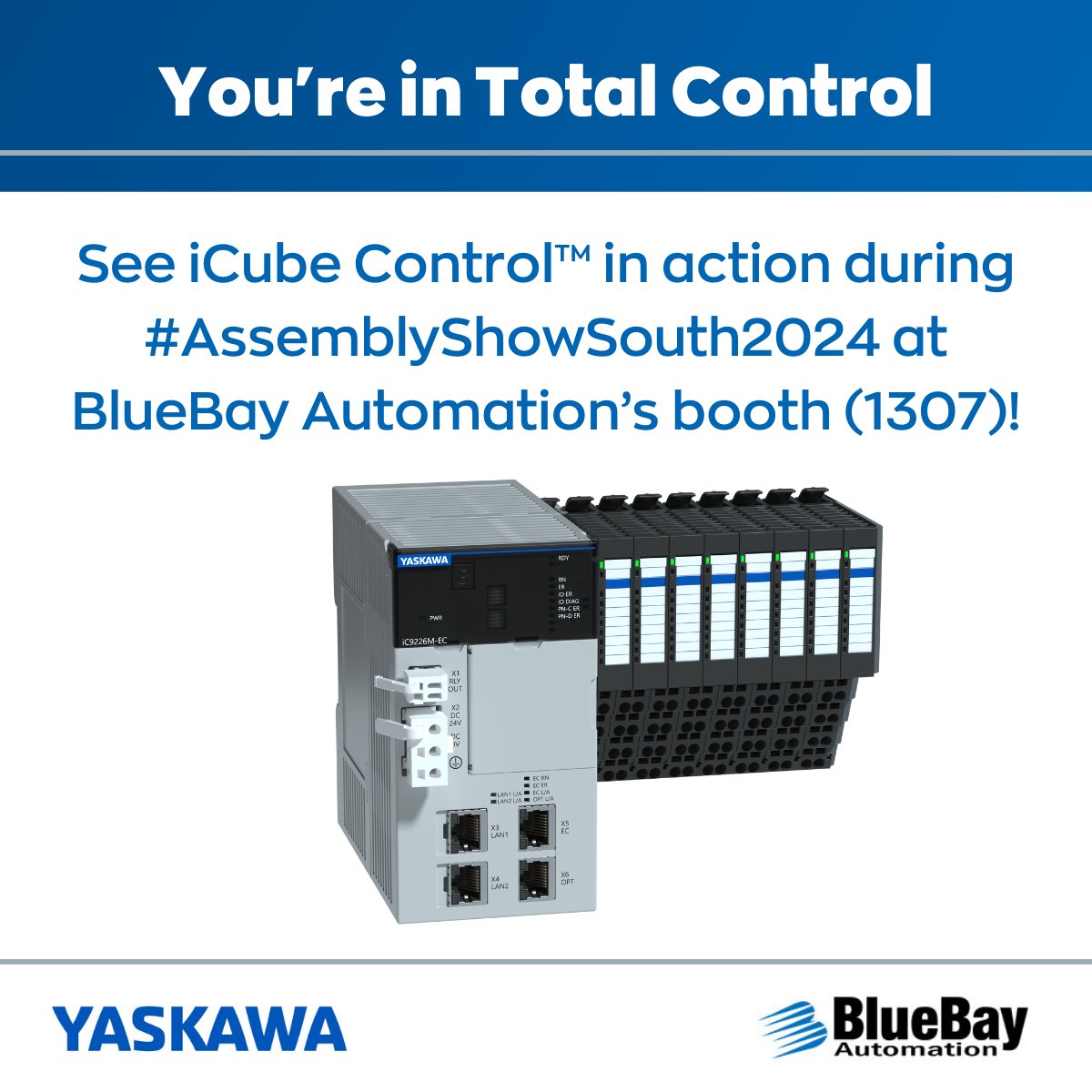 💪 See what total control looks like during #ASSEMBLYShowSouth! Stop by BlueBay Automation's booth (1307) to see #iCubeControl in action within their T-bot demo. #WeAreYaskawa #Yaskawa #BlueBayAutomation @AssemblyMag1 @BB_Automate
