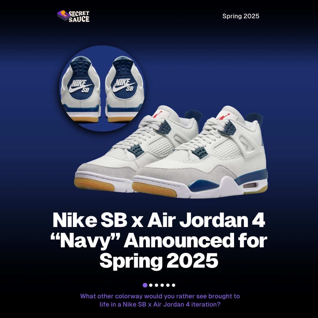 TheThe Nike SB x Air Jordan 4 returns in a 'Navy' rendition, set to release next Spring 2025 for a retail price of $225. Are you excited for this next colorway in the Sb x AJ4 line? 📅: Spring 2025 👟: DR5415-100 💳: $225 💸: $450+ ✅Follow @secretsaucegrp for more✅