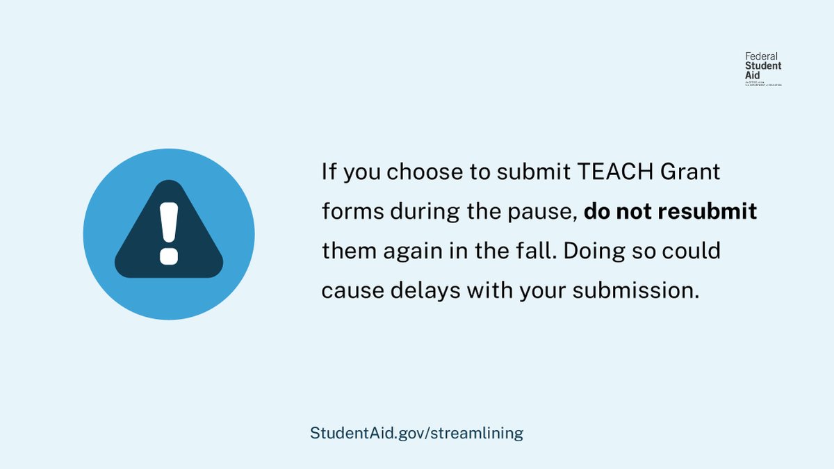 Attention TEACH Grant Recipients:​

Starting May 1, 2024, the Department of Education will be making updates to streamline the Teacher Education Assistance for College and Higher Education (TEACH) Grant Program. During this time, there will be a processing pause while we