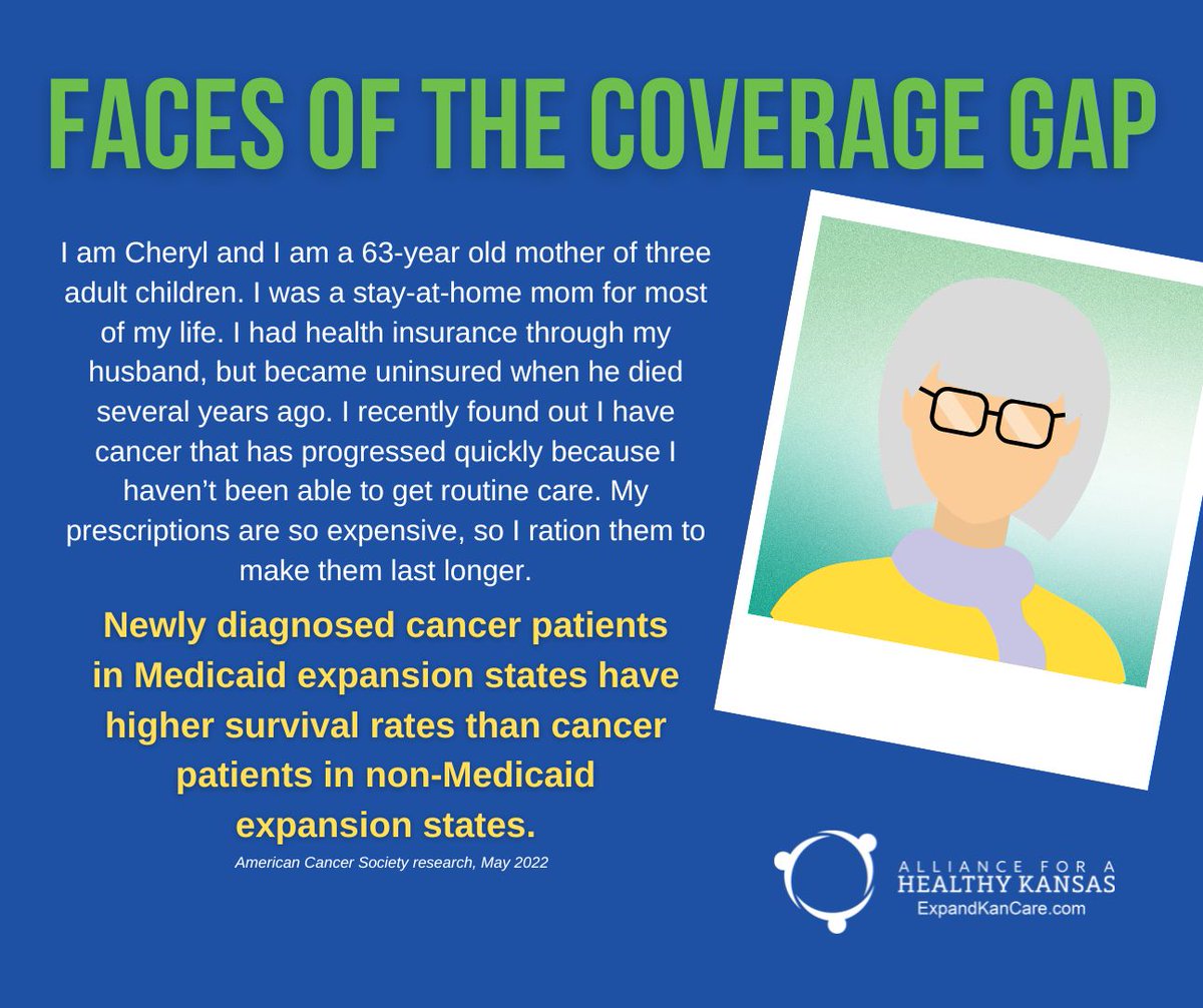 Cheryl was a stay-at-home mom her whole life, and now is uninsured because her husband passed away. While waiting to qualify for Medicare, she was diagnosed with cancer. So many Kansans just like Cheryl live in the coverage gap. It's time to expand Medicaid. #ExpandKanCare #ksleg